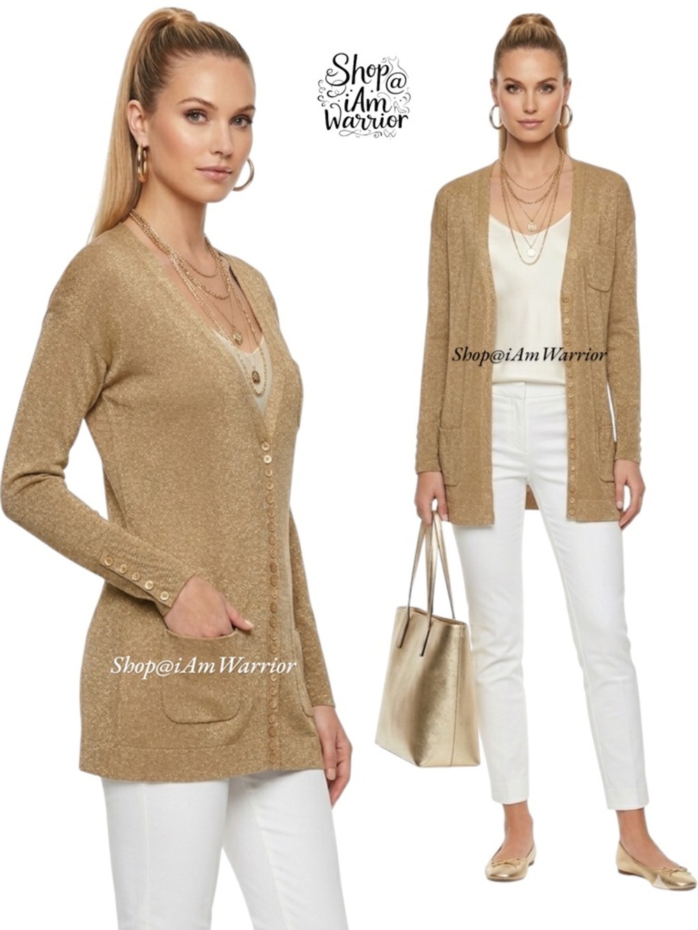 Boston Proper gold metallic v-neck button cardigan *shop@iamwarrior